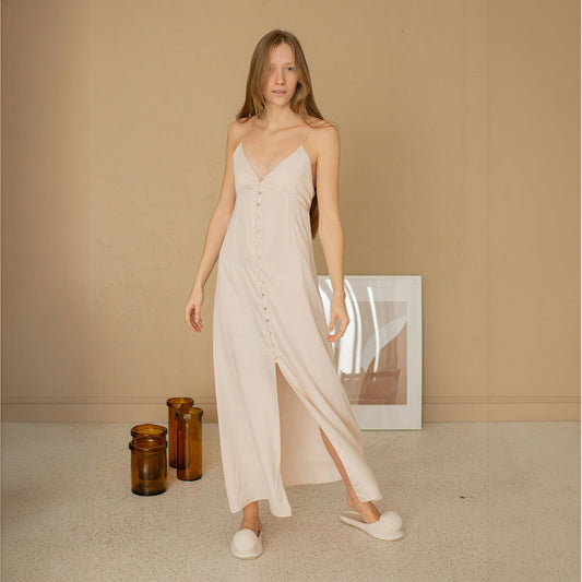 Tan Linen Button-Down Lounge Dress